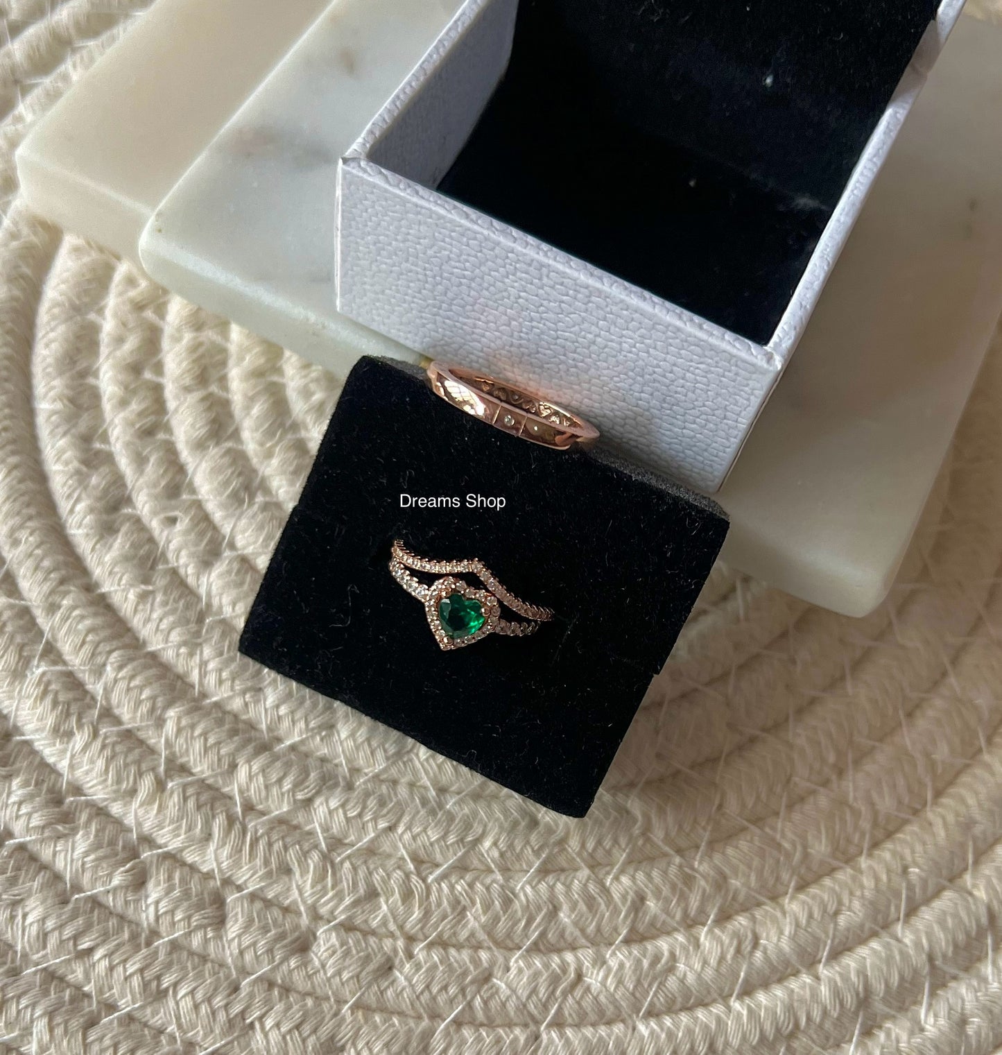 Set 3 Anillos - Deseo, Logotipo, Corazón Verde - Rose Gold