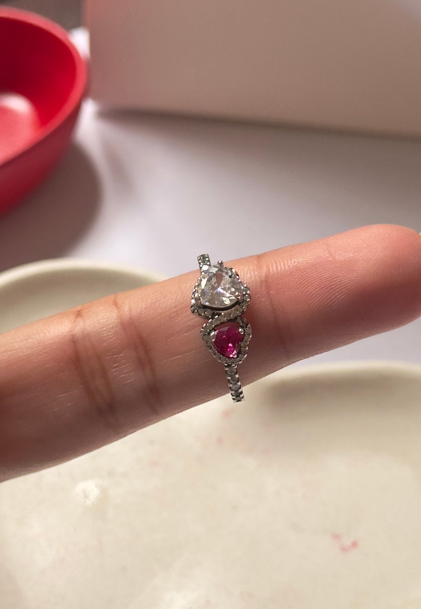 Anillo Halo Corazónes Rojo & Silver