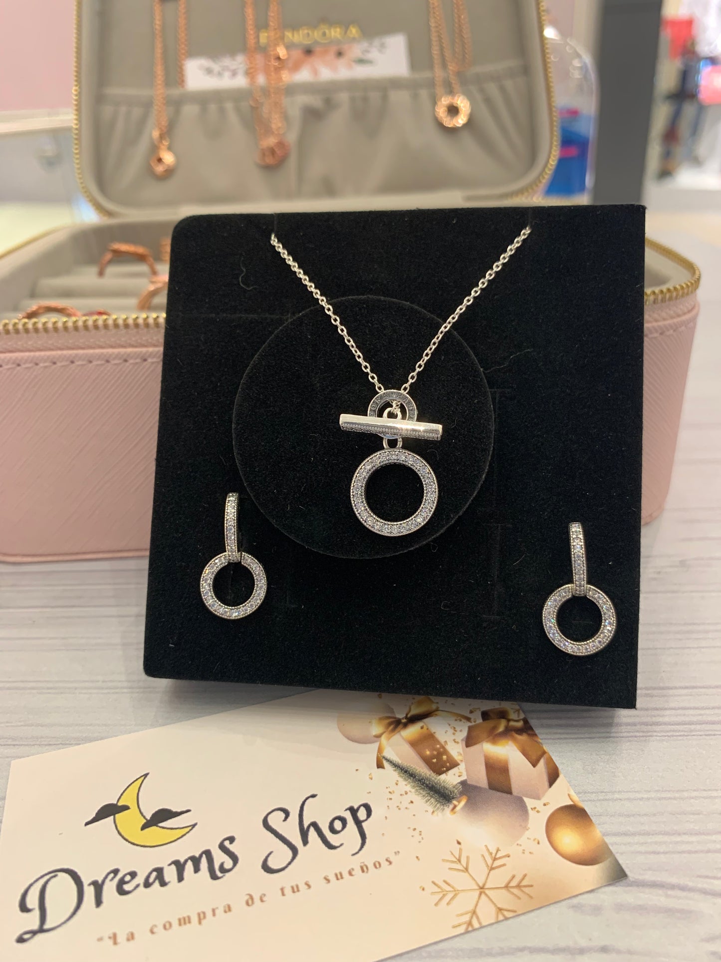 Set Collar + Aretes Aro Doble Diamantes