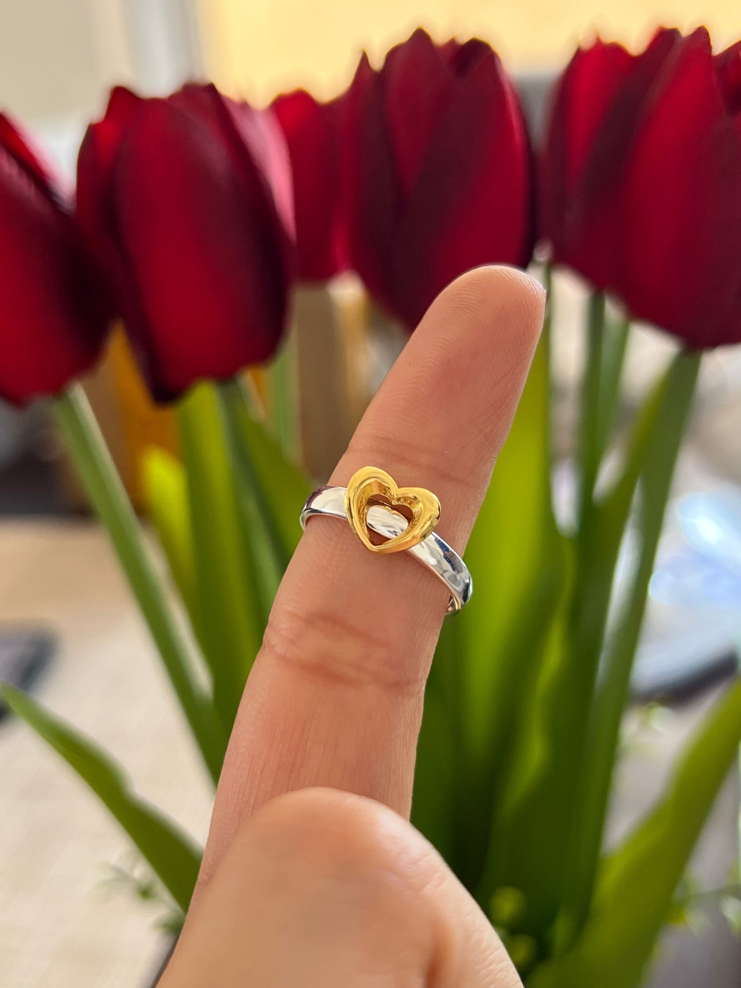 Anillo Corazón Radiante Deslizante Dos Tonos