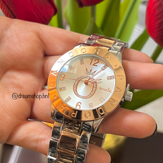 Reloj Corona Brillante Plateado + Rose Gold