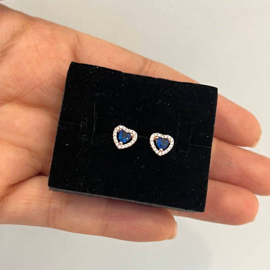 Aretes Corazón Brillante Azul Rose Gold