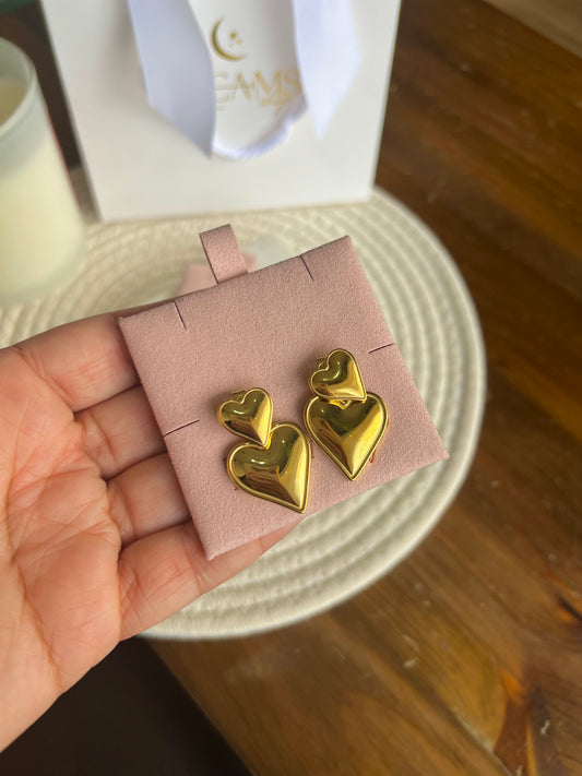 Aretes Doble Corazones Gold