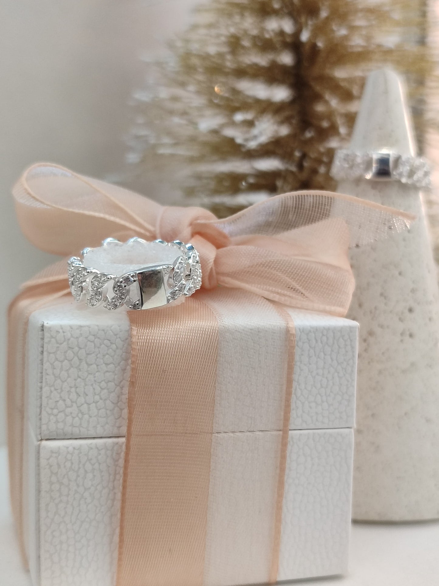 Anillo Cadena Cubana en Pave - Silver