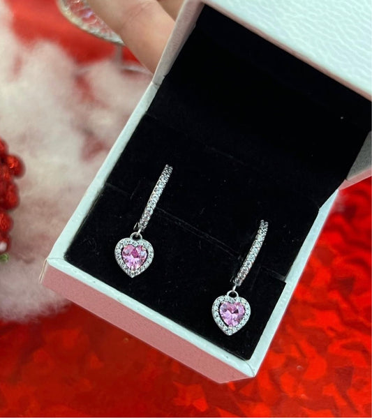 Aretes Corazón Rosa Brillante